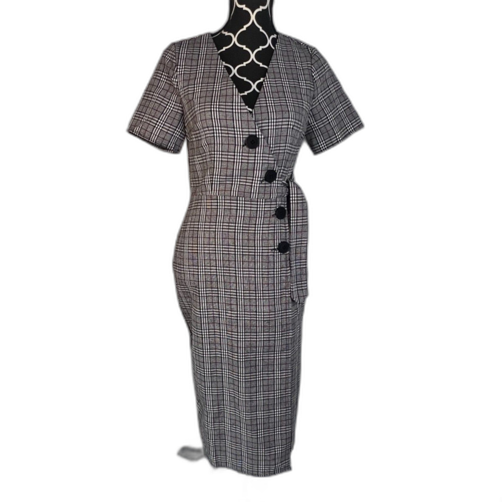 Nic & Jo Black & White Plaid Tie Side Wrap Bodycon Dress Button Detail Sz‎ Small